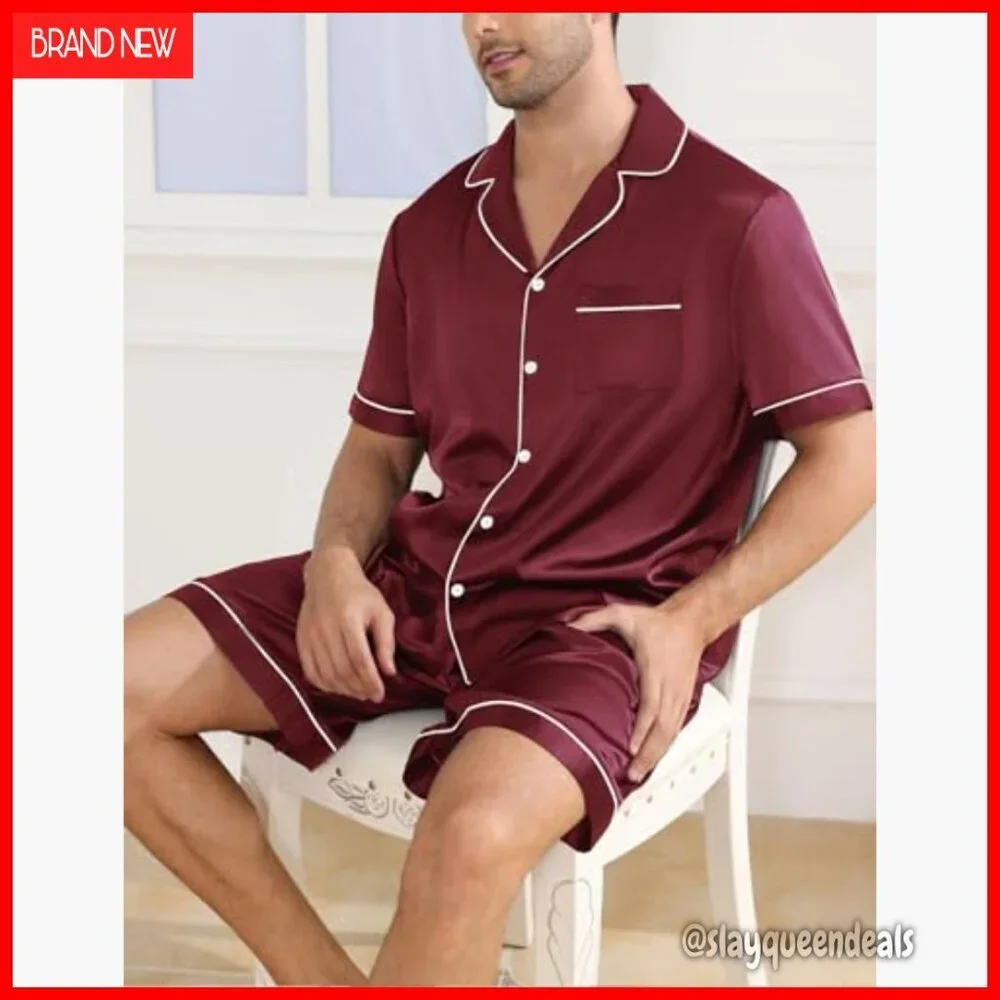 Men's Silk Satin Pajama Set Short Sleeve Sleepwear Lounge with Pockets